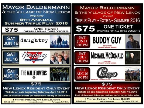 New lenox triple play - Triple Play Concert Tickets Go On Sale April 4 - New Lenox, IL - Tickets cost $75 and include access to all three shows in the series.